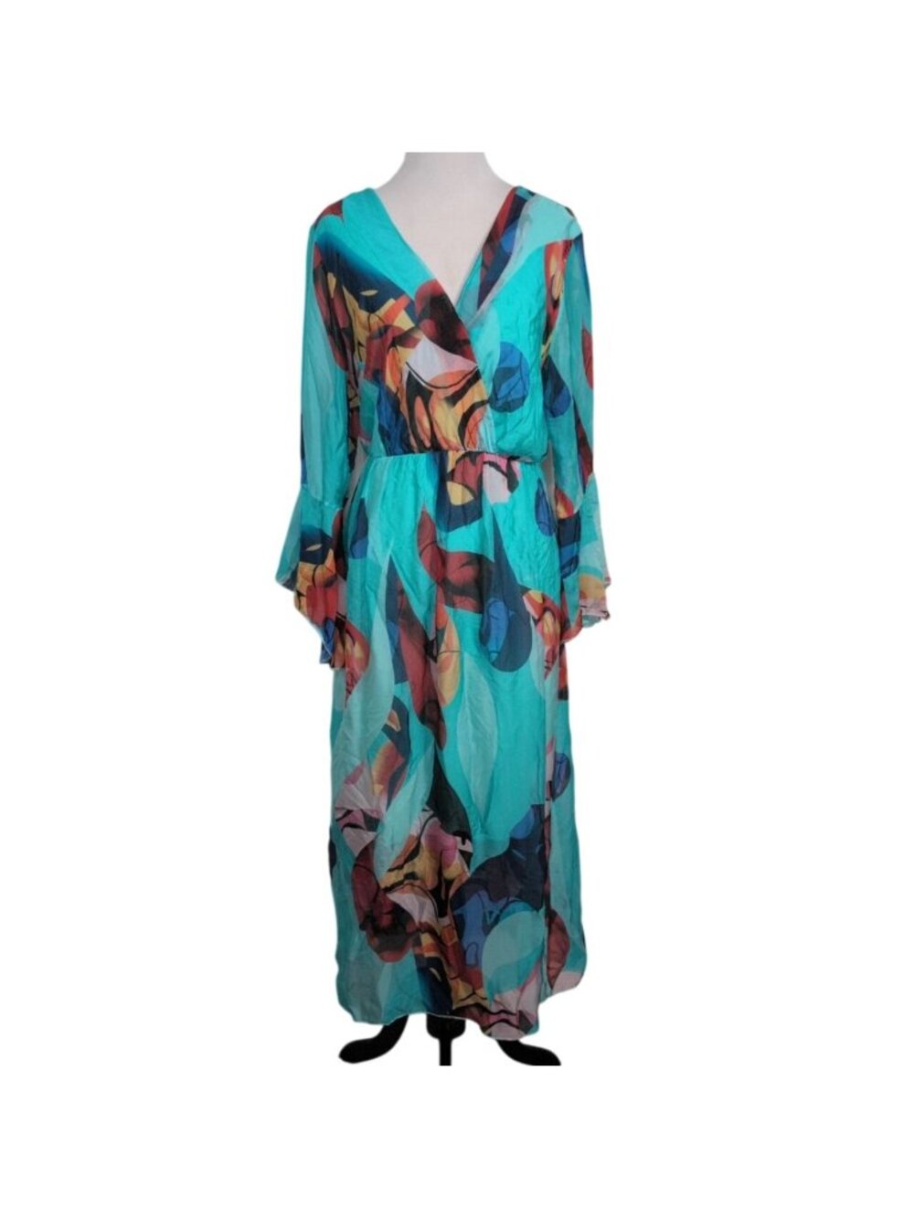 Tempo Paris Silk Maxi Dress Womens Size Small Blue V Neck Lined Boho Resortwear